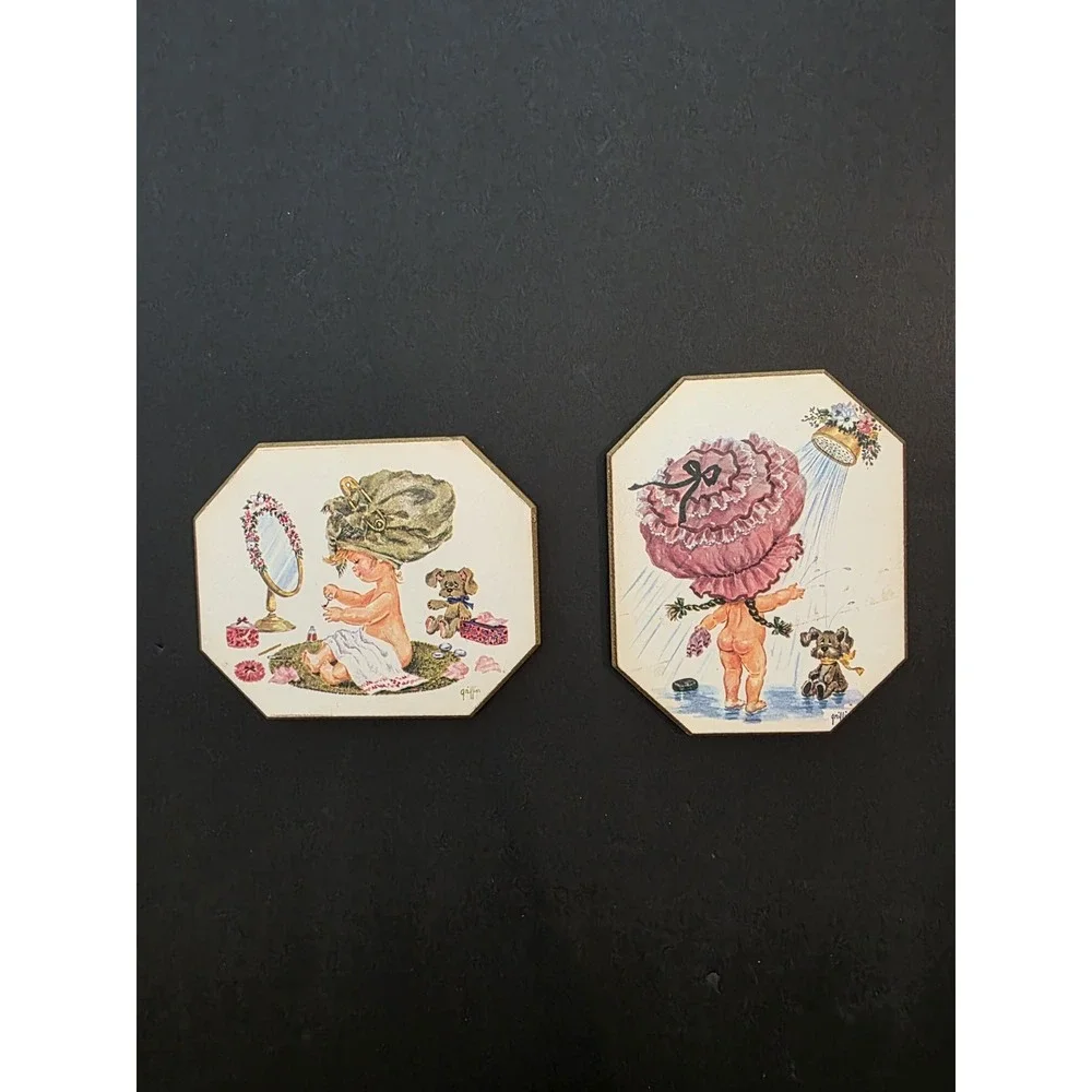 VTG‎ 60s Griffin Kitsch 2 Lil Girl Wall Plaques Doggy Bathroom Beauty Manicure